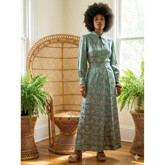 Vintage 70s Egyptian Revival Set Skirt Blouse Green Brocade Cleopatra Novelty XS